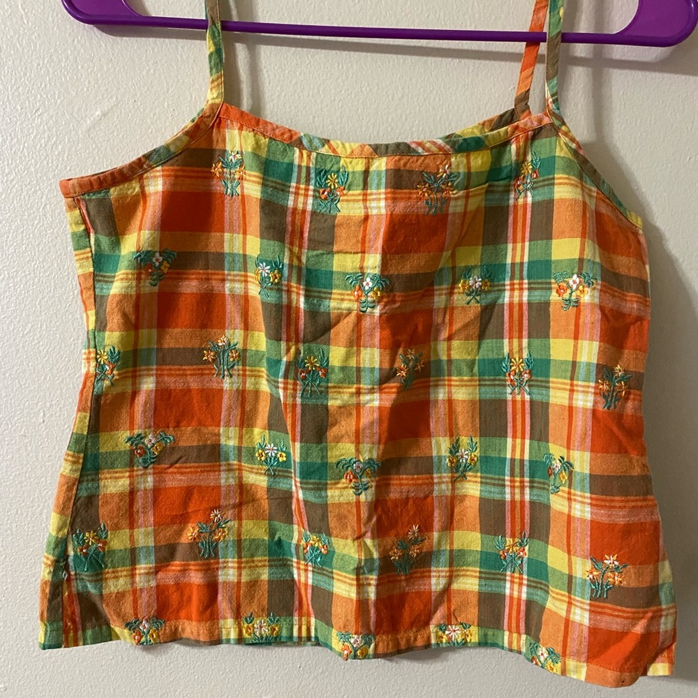 Plaid orange yellow cropped button down tank size small